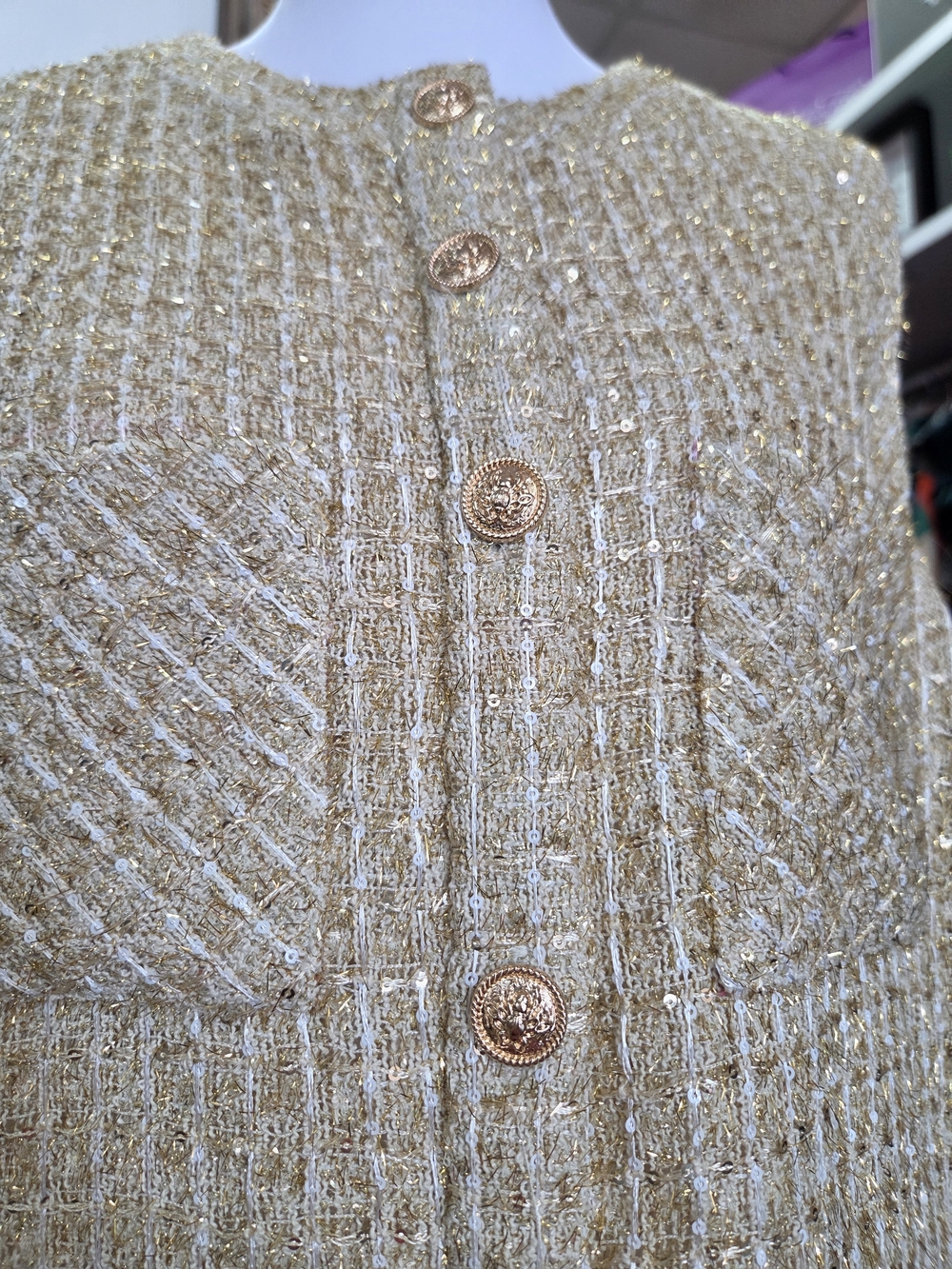 Anthropologie Gold Tweed Mini Dress with Feather Trim - Picture 5 of 8